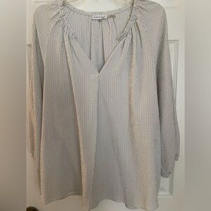 Calvin Klein Pinstripe Blouse in Black and White Split Neck